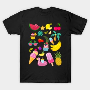 Summer Torpical Fruits Leaves Flamingo Ice Cream Lover T-Shirt